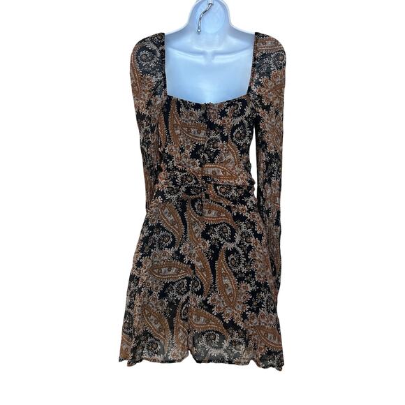 MinkPink Brown Paisley Fit Flare Mini Dress SMALL Ruched Boho Cotton Western - Picture 7 of 10